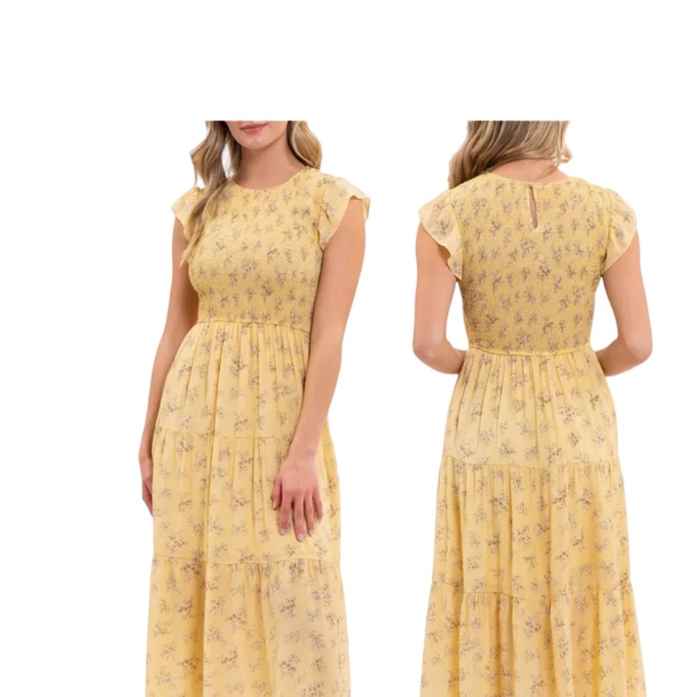 Summery Short Sleeve, Smocked Floral Midi Dress